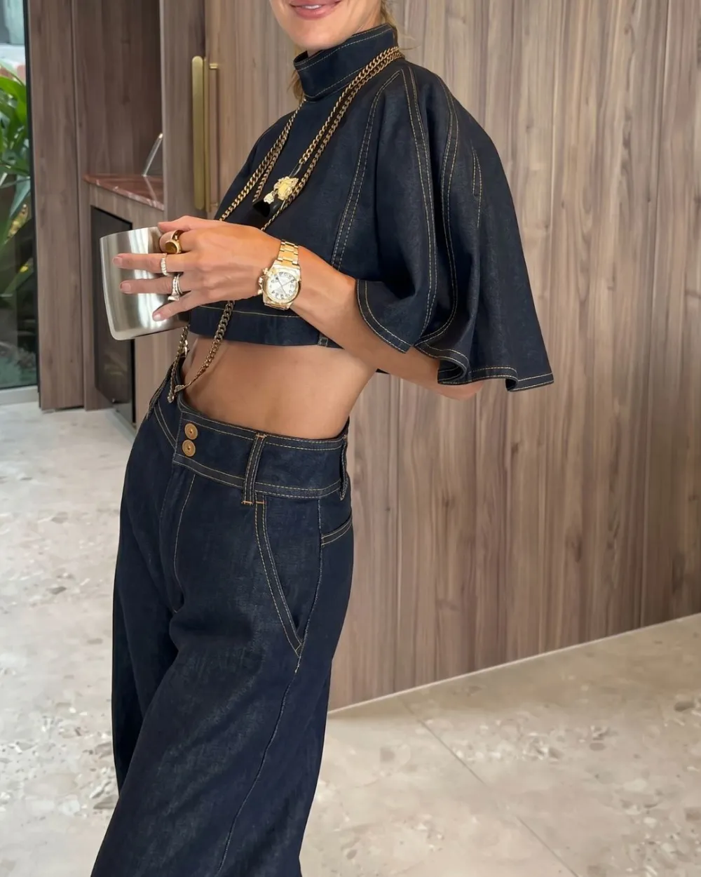Modern Denim Capelet and High-Waist Tapered Pants Two-Piece Set