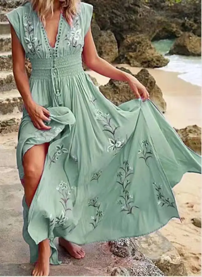 Summer Women's V-neck French Beach Bohemian Printed Dress