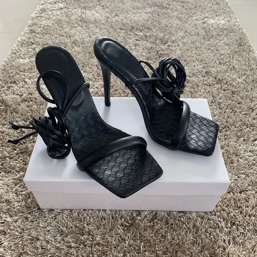 Lace-Up Ankle-Strap Square-Toe Pumps