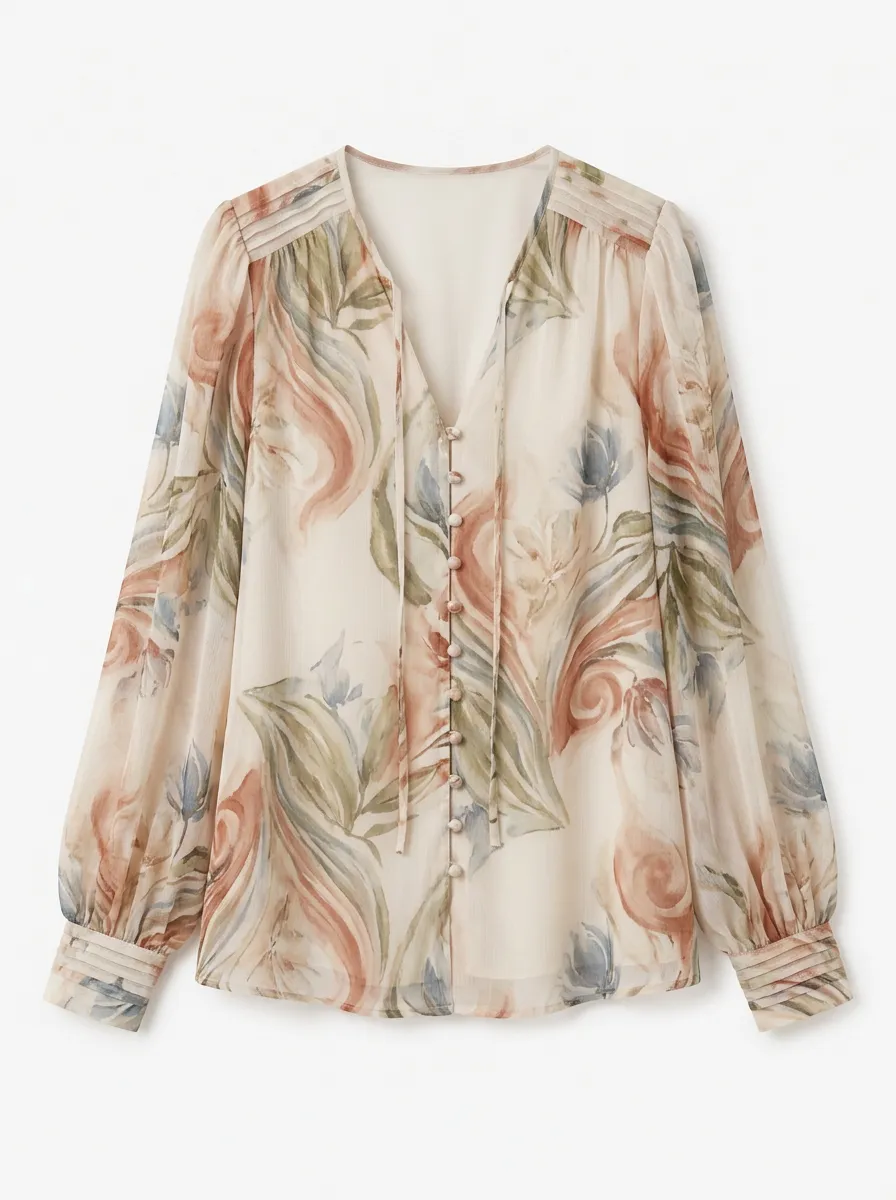 Women's Floral Watercolor Print Chiffon Button-Down Blouse