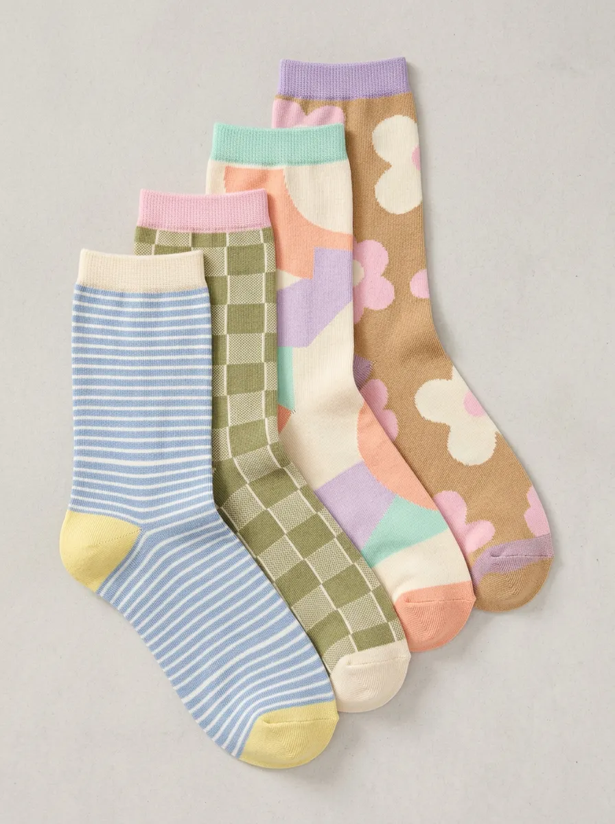Essential Floral Striped Shape Women's Four Pair Socks