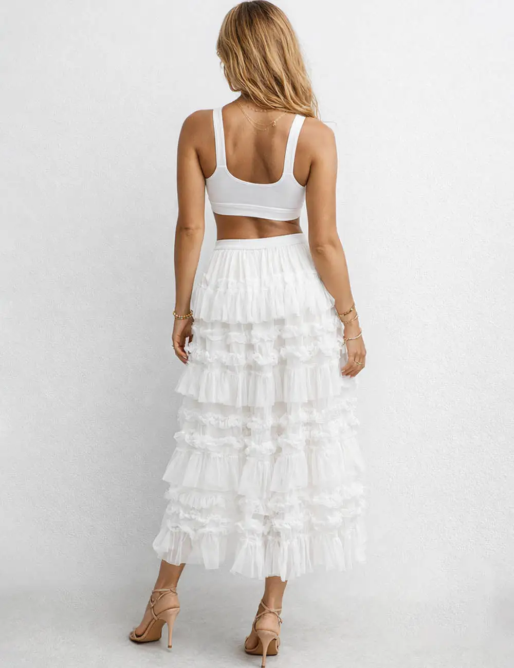 Elastic Waist Mesh Bead Tiered Ruffle Maxi Skirt