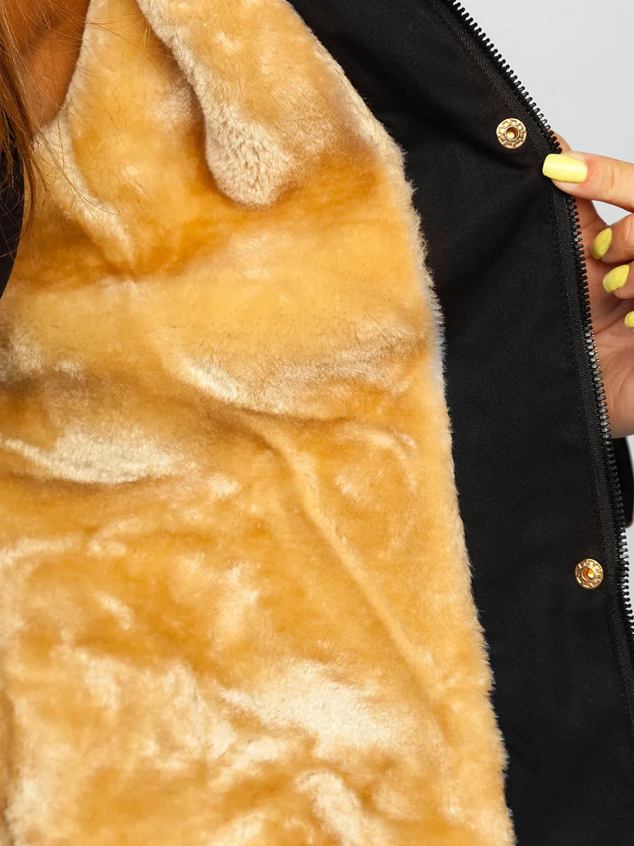 Black women's winter parka jacket with hood