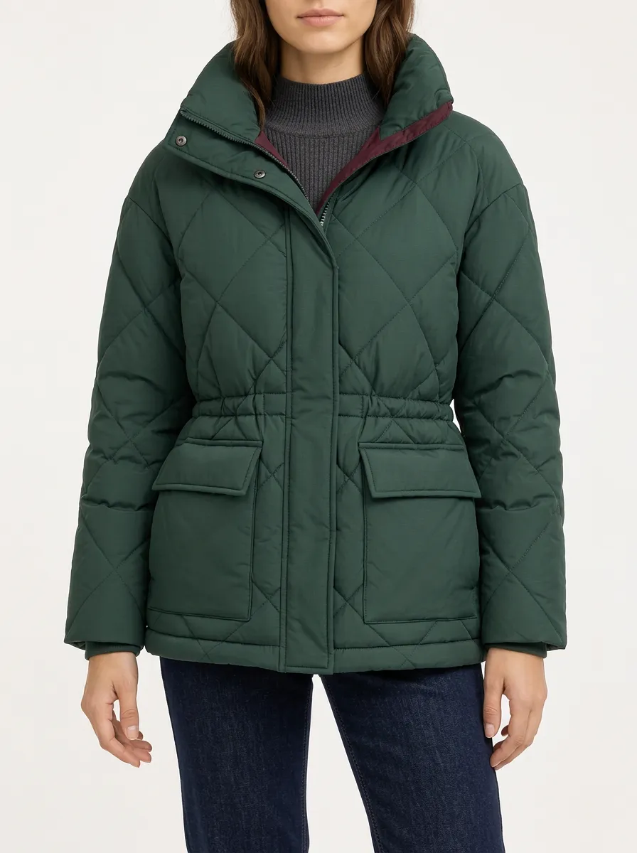 Women's Green Waist Cinched Puffer Jacket