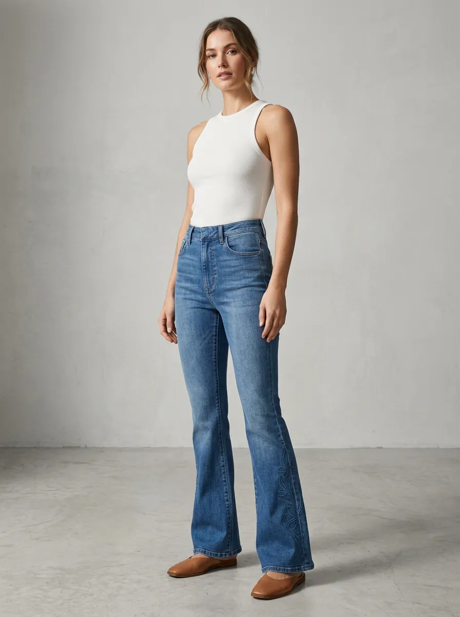 Women's Floral Embroidered Stitch Detail High Rise Flare Jeans