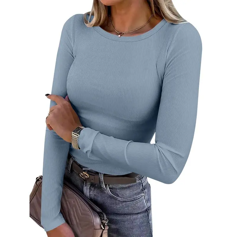 Women's Slim Fit Long Sleeve Crewneck Rib Knit Basic Tee