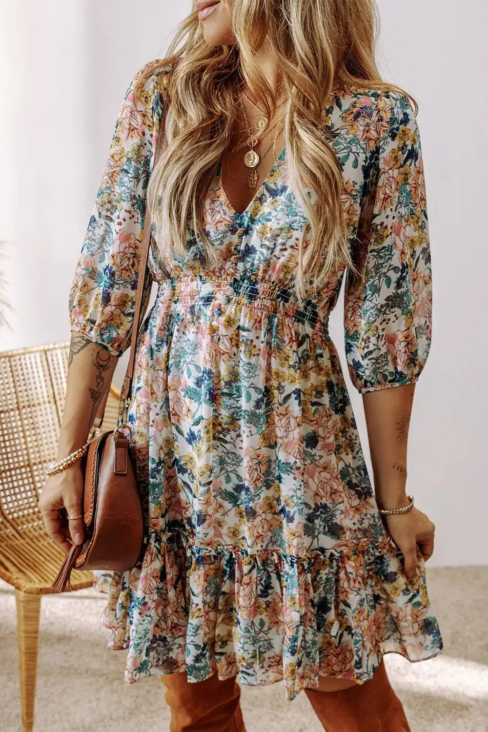 Gathered Detail Floral Printed Ruffle Mini Dress