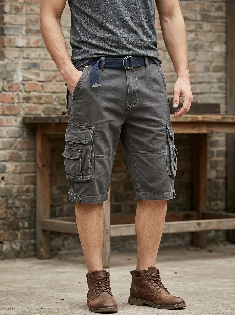 Men's Button Zip Fly Cargo Shorts Featuring Multi-Pocket Detail