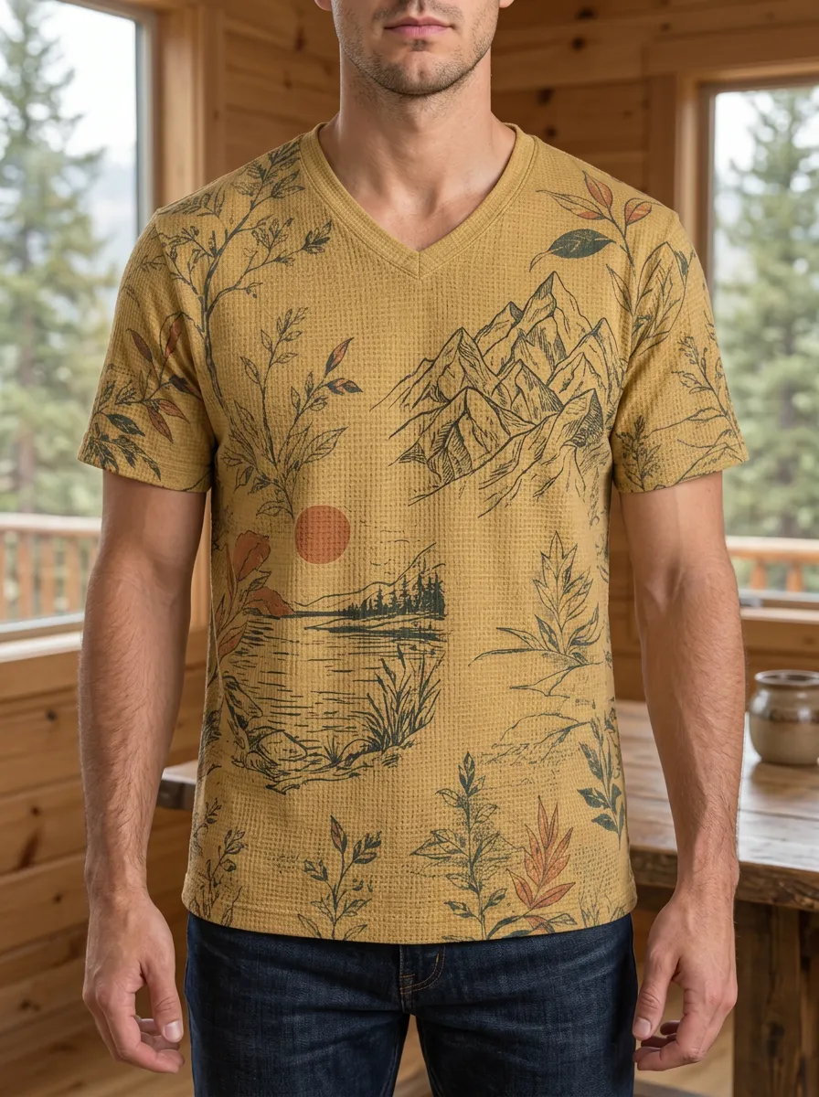 Men's Scenic Nature Lover Mountain Lake Landscape V-Neck T-Shirt
