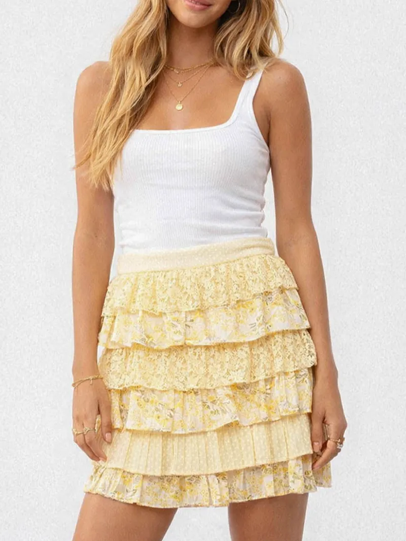 Boho Lace Panel Tiered Ruffle Mini Skirt