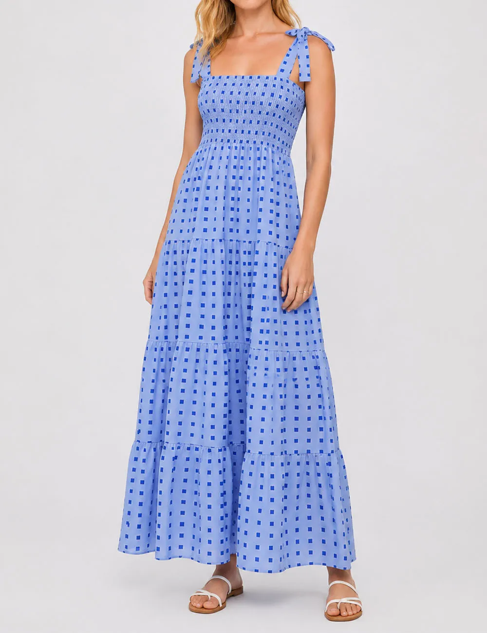 Abstract Smocked Strap Square Neck Midi Dress