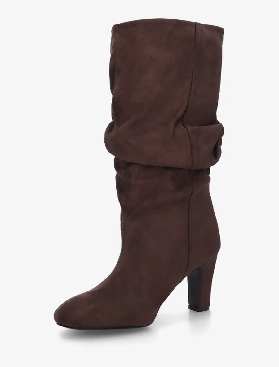 Statement Block Heel Ruched Faux Suede Knee High Boots
