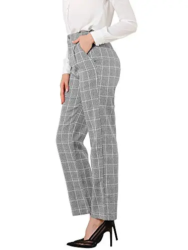 Women's Plaid Pants Elastic Waist Casual Work Office Long Trousers