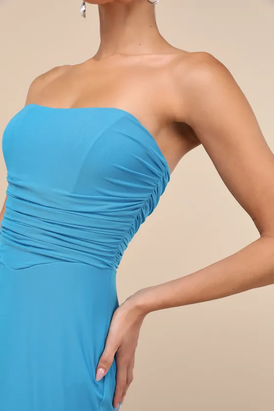 Epitome of Allure Brown Mesh Strapless Ruched Maxi Dress