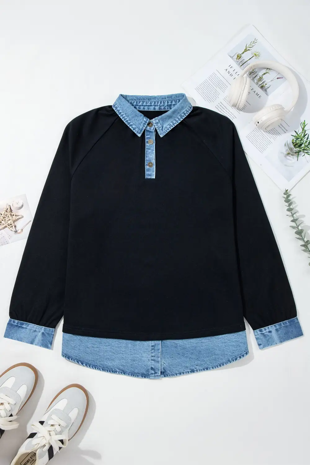 Color Block V Neck Denim Accent Relaxed Cotton Blend Long Sleeve Top