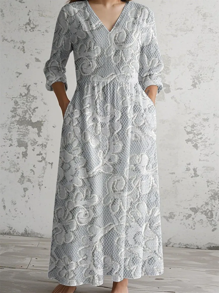 Grey Lace Print V-Neck Long-Sleeve Dress