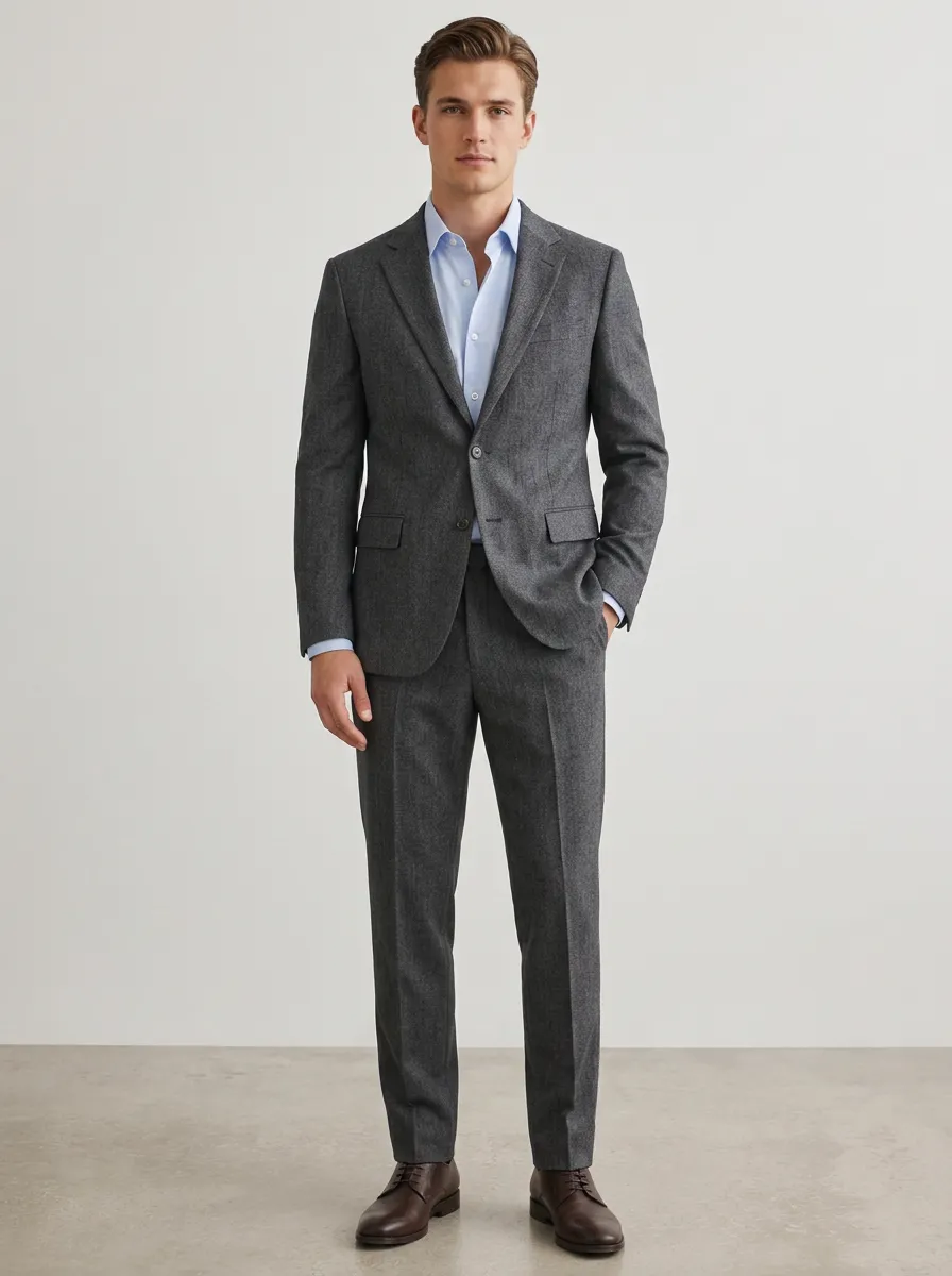 Men's Notched Lapel Business Formal Charcoal Grey Wool Blend Suit Set
