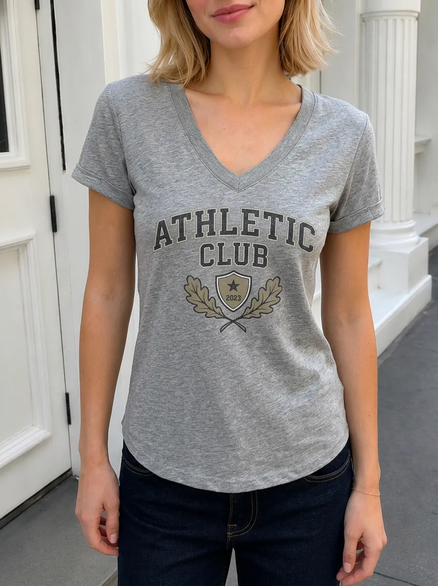 Women's Athletic Club Star Shield Oak Leaf Printed V-neck T-shirt