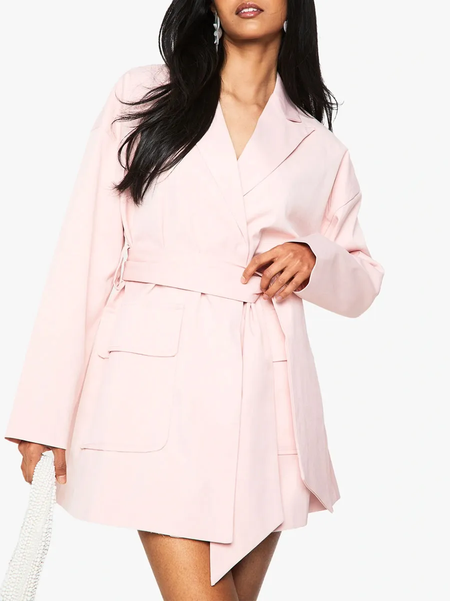 Light Pink Belted Asymmetric Blazer Dress