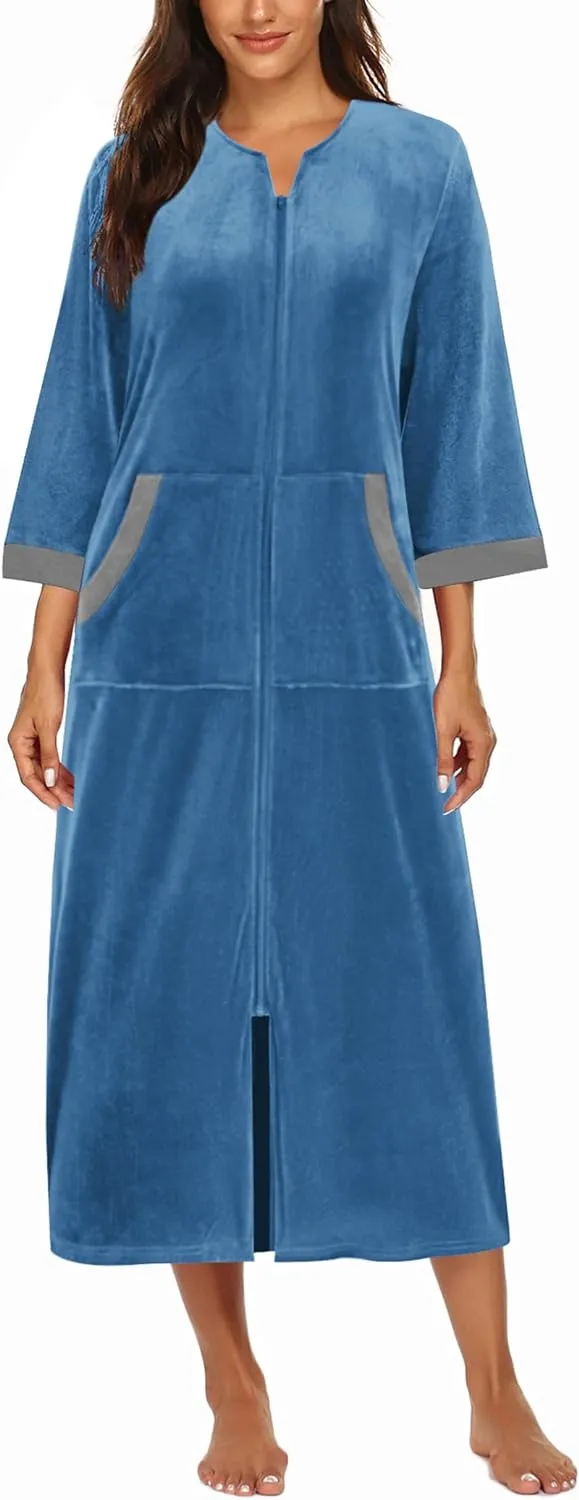 50% OFF Women Zipper Robe 3/4 Sleeves Loungewear Dress Full Length Sleepwear Pockets Housecoat Nightgown Long Bathrobe