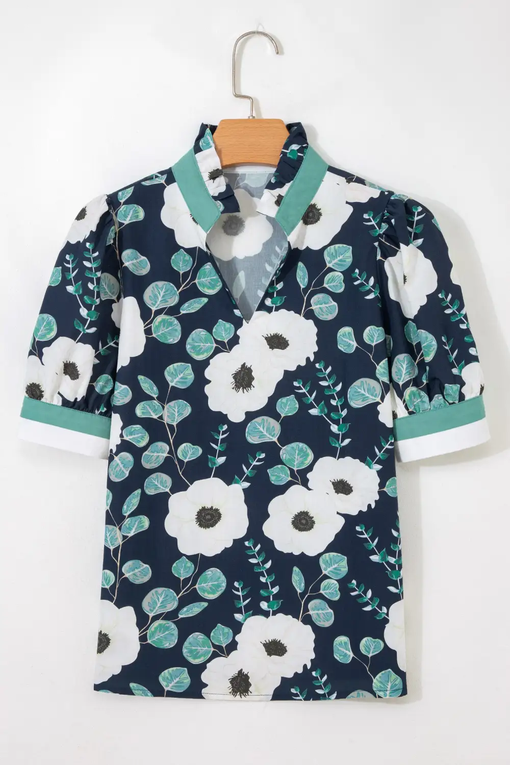 Blue Floral Print Striped Patchwork V Neck Short Sleeve Blouse