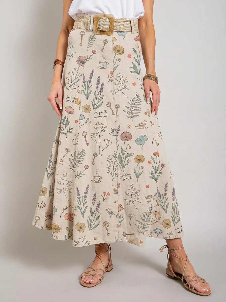 Women's Botanical Garden Key Coffee Printed Midi Skirt