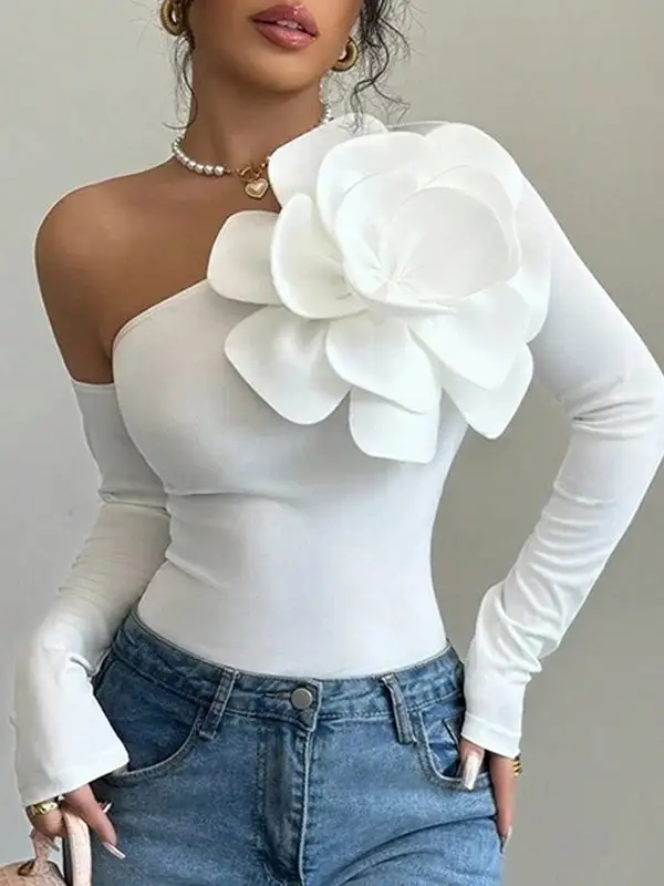 Long Sleeve Slim Fit Dimensional Floral One Shoulder T-Shirt
