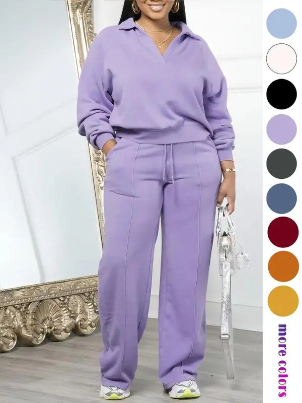 Women'S Solid Long Sleeve Sweatshirt & Drawstring Waist Pants Set