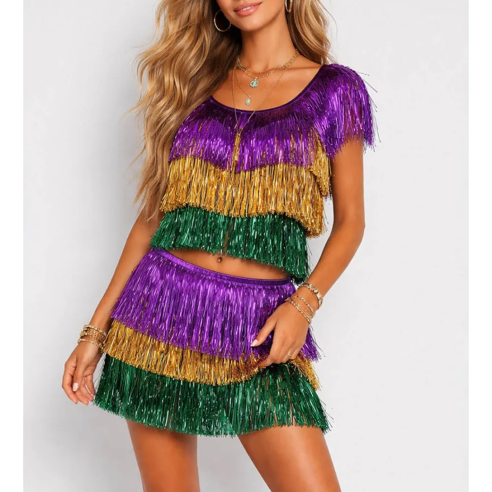 Mardi Gras Fringe Tinsel Elastic Waist Mini Skirt