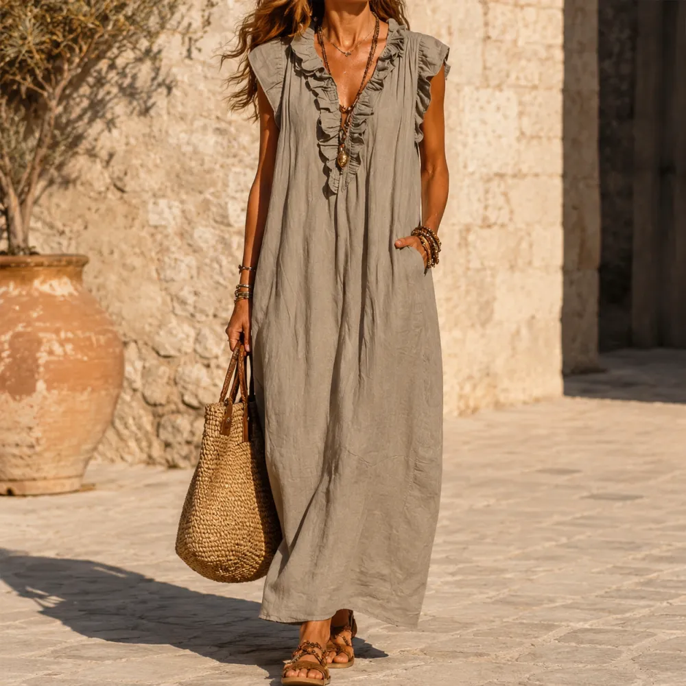 Ruffle Pocket V Midi Dress
