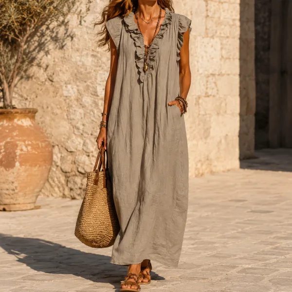 Ruffle Pocket V Midi Dress