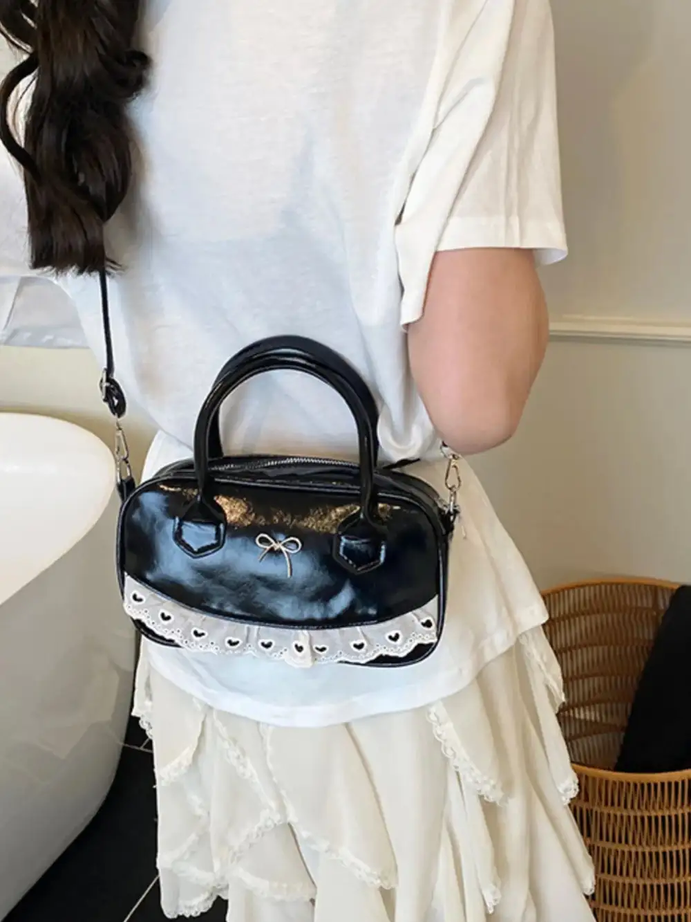 Lace Bow Accent Crossbody Bag
