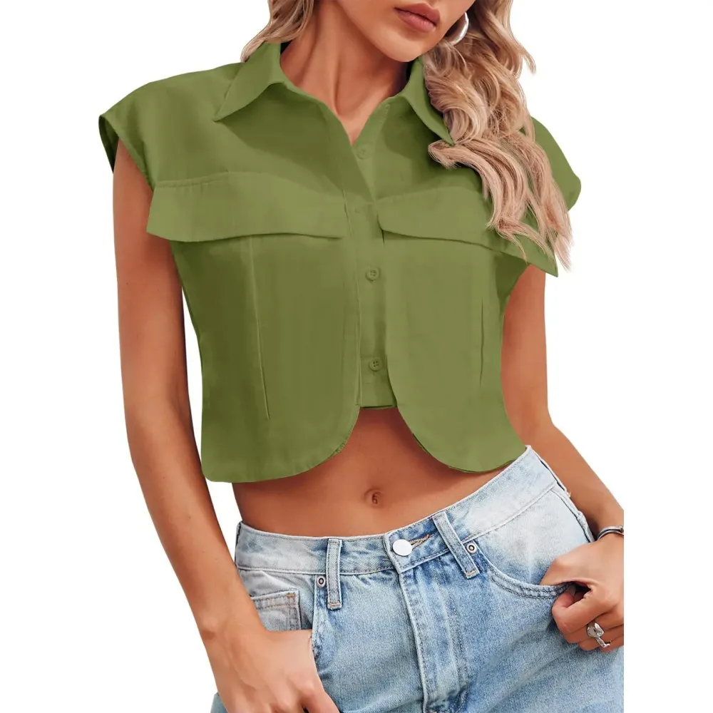 Womens Button Down Shirts Cute Summer Cap Sleeve Crop Tops