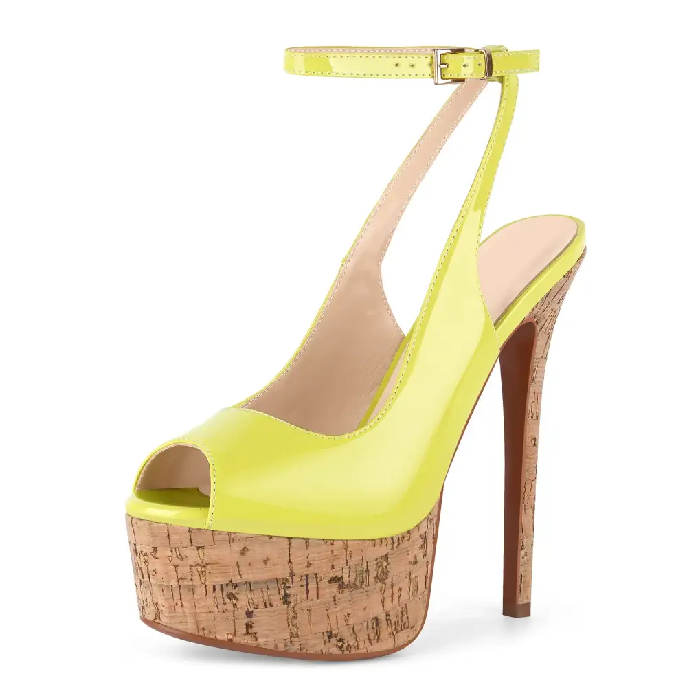 Patent Finish Peep Toe Platform Stiletto Ankle Strap Pumps