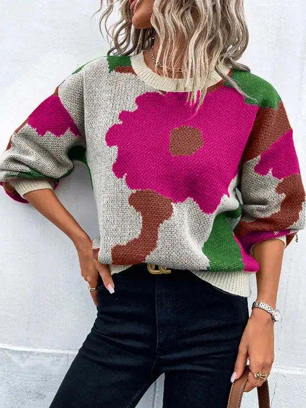 Floral Knit Floral Detail Asymmetric Paneled Round Neck Sweater