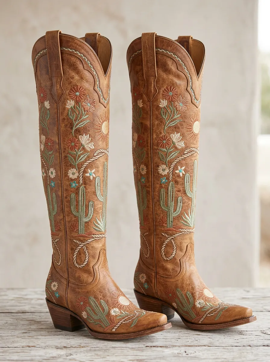 Women's Western Cactus Floral Sun Wing Embroidered Pointed-Toe Denim Over-the-Knee Boots