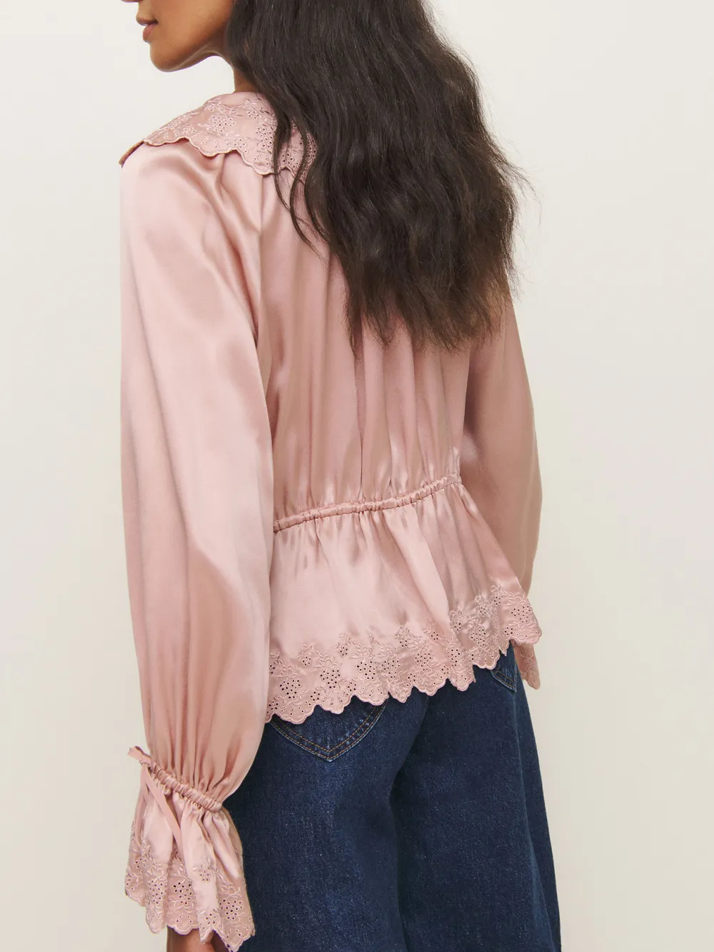 Ruffled V Neck Drawstring Blouse