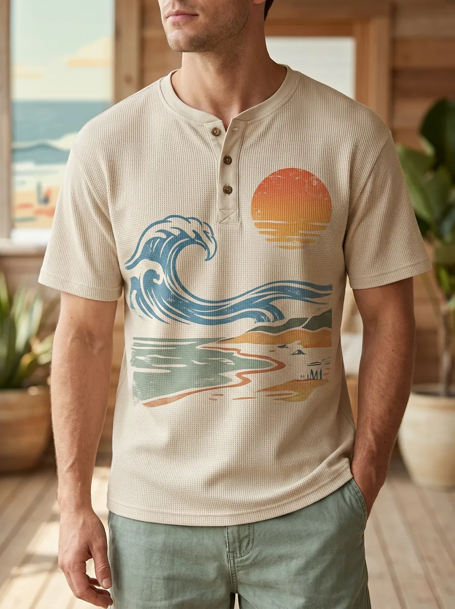 Men's Everyday Beach Lover Ocean Wave Sunset Henley T-Shirt