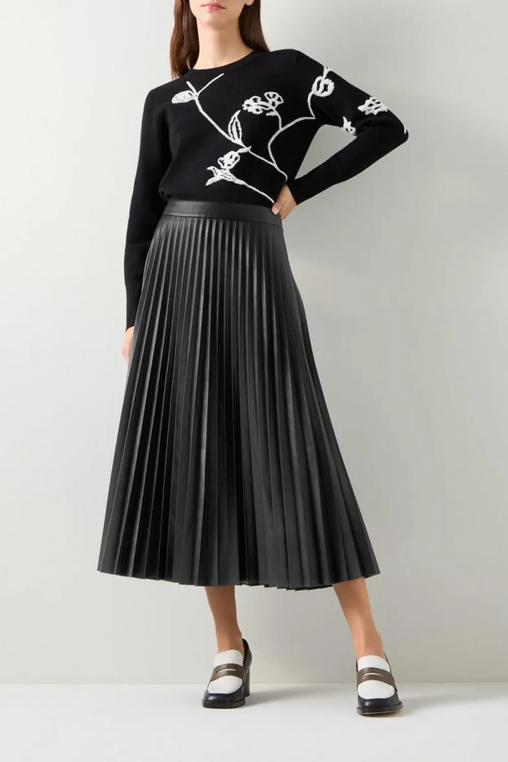 Black Pleated Faux Leather Midi Skirt