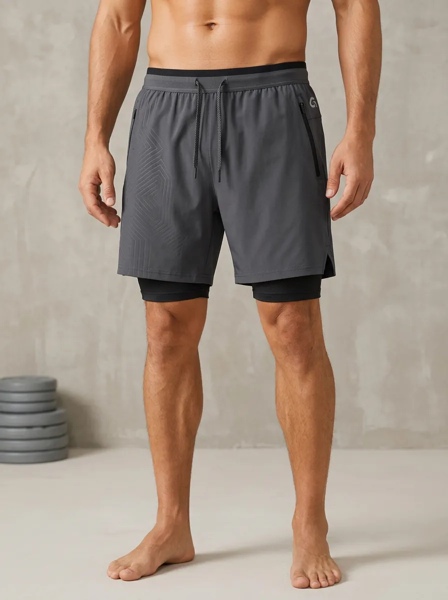 Men's Fitness Gym Geometric Pattern Printed 2-in-1 Shorts
