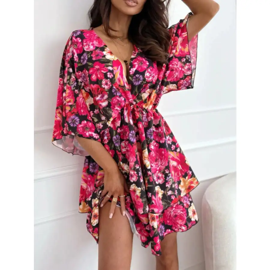 Print V-neck Ruffle Mini Dress