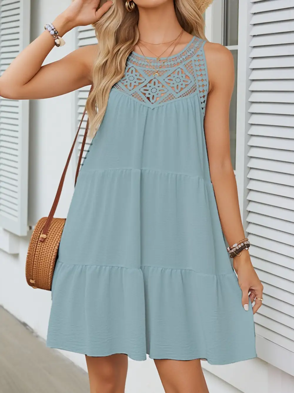 Boho Lace Sleeveless Tiered Above-Knee Length Dress