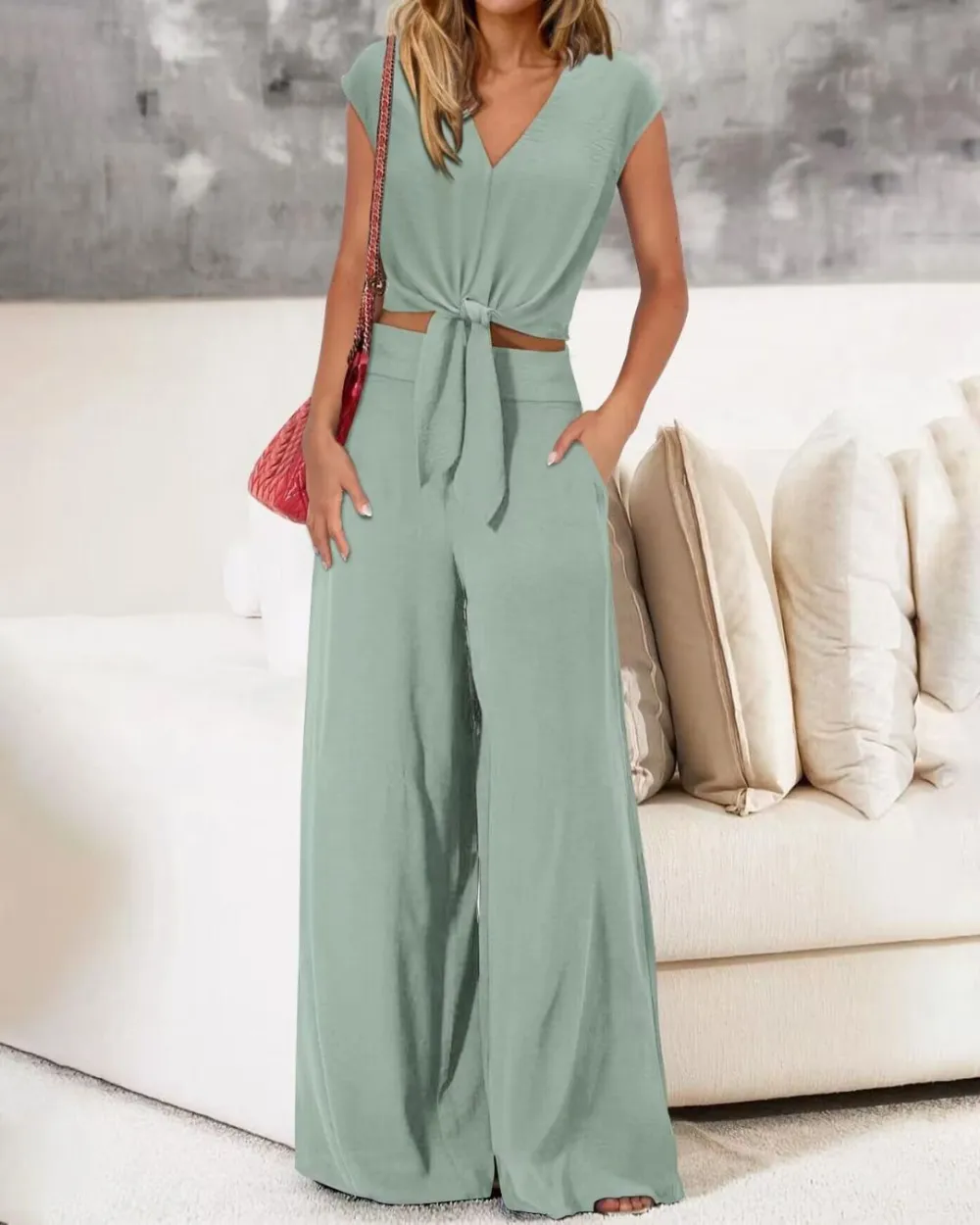 Belted V-Neck Crop Top and Wide-Leg Pants Two-Piece Set