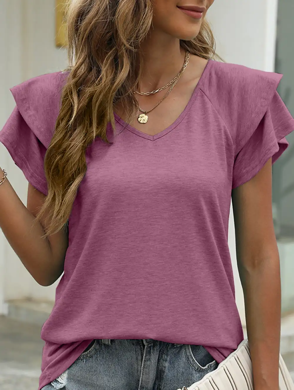 Solid Color V-Neck Ruffle Sleeve T-Shirt