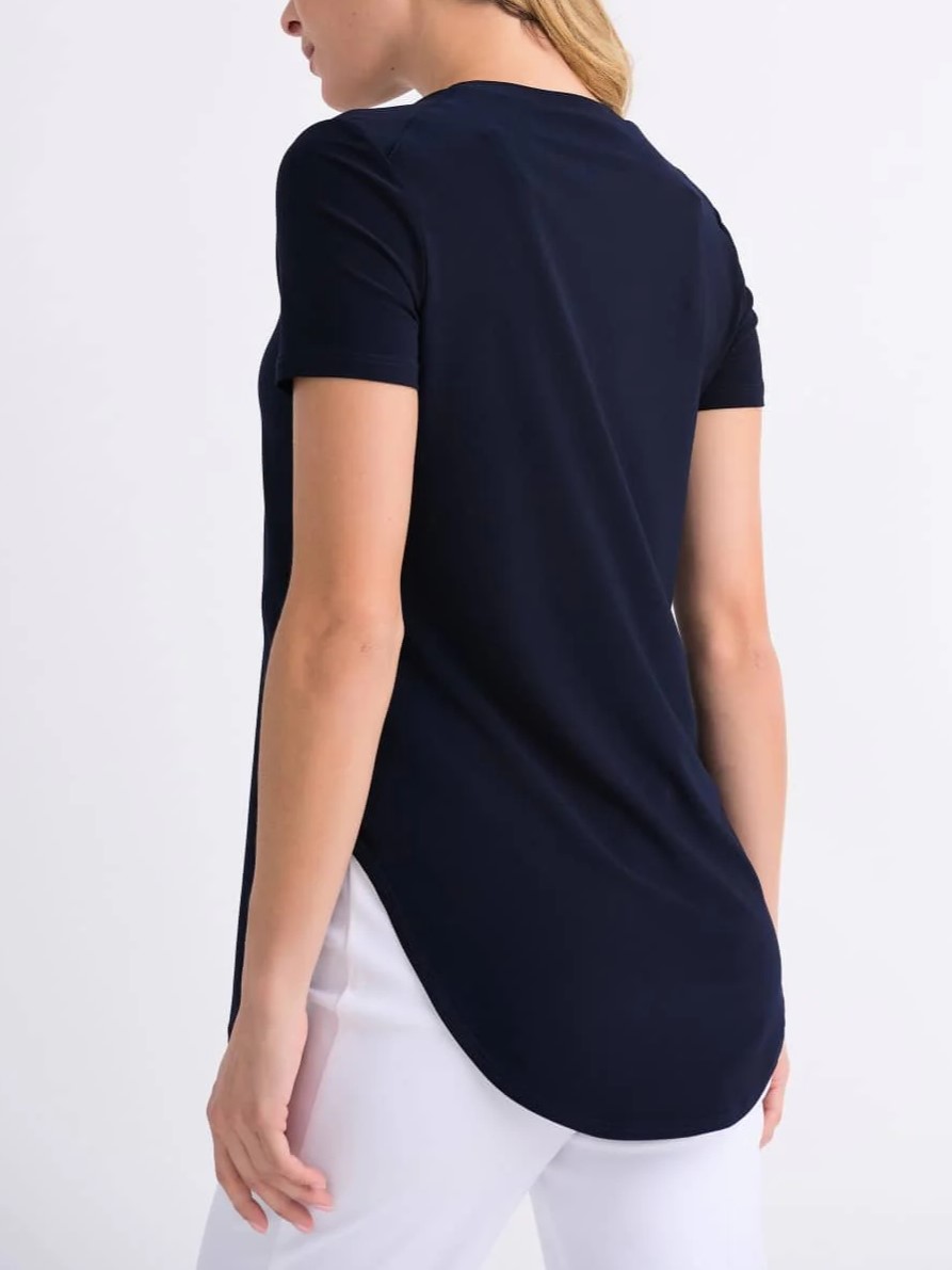Navy Blue Curved - Hem Short - Sleeve Top