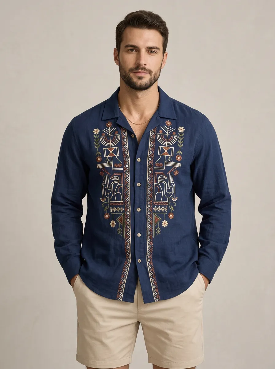 Men's Boho Inspired Tribal Boho Embroidered Shirt