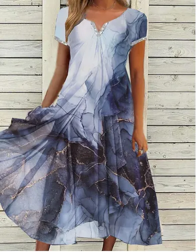 Blue Purple Short Sleeve Print Midi Dress