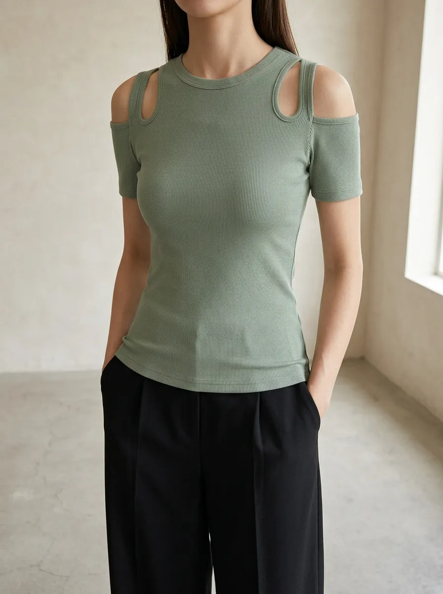 Women's Relaxed Ribbed Cold Shoulder Cutout Off-Shoulder Top