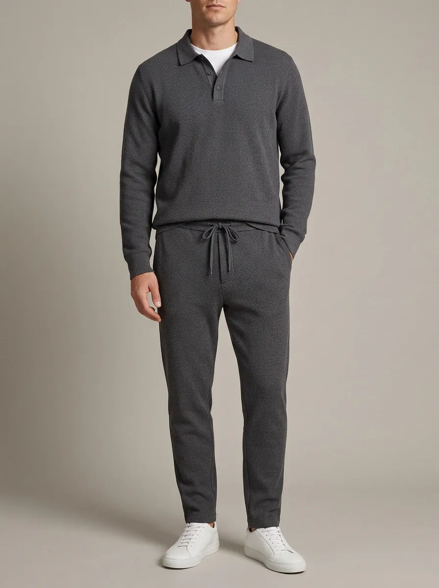 Men's Waffle Textured Polo Collar Jacket and Jogger Pants Set
