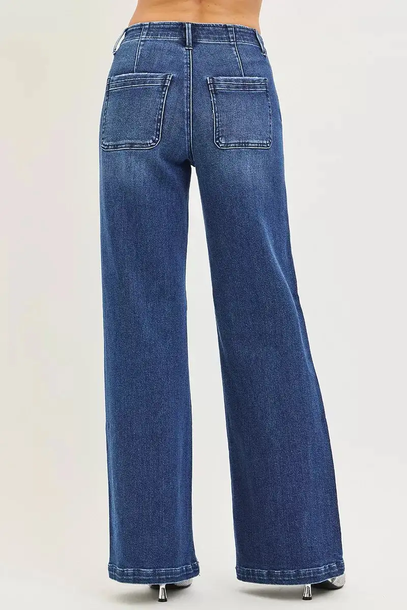High Rise Slanted Pocket Wide Leg Jeans